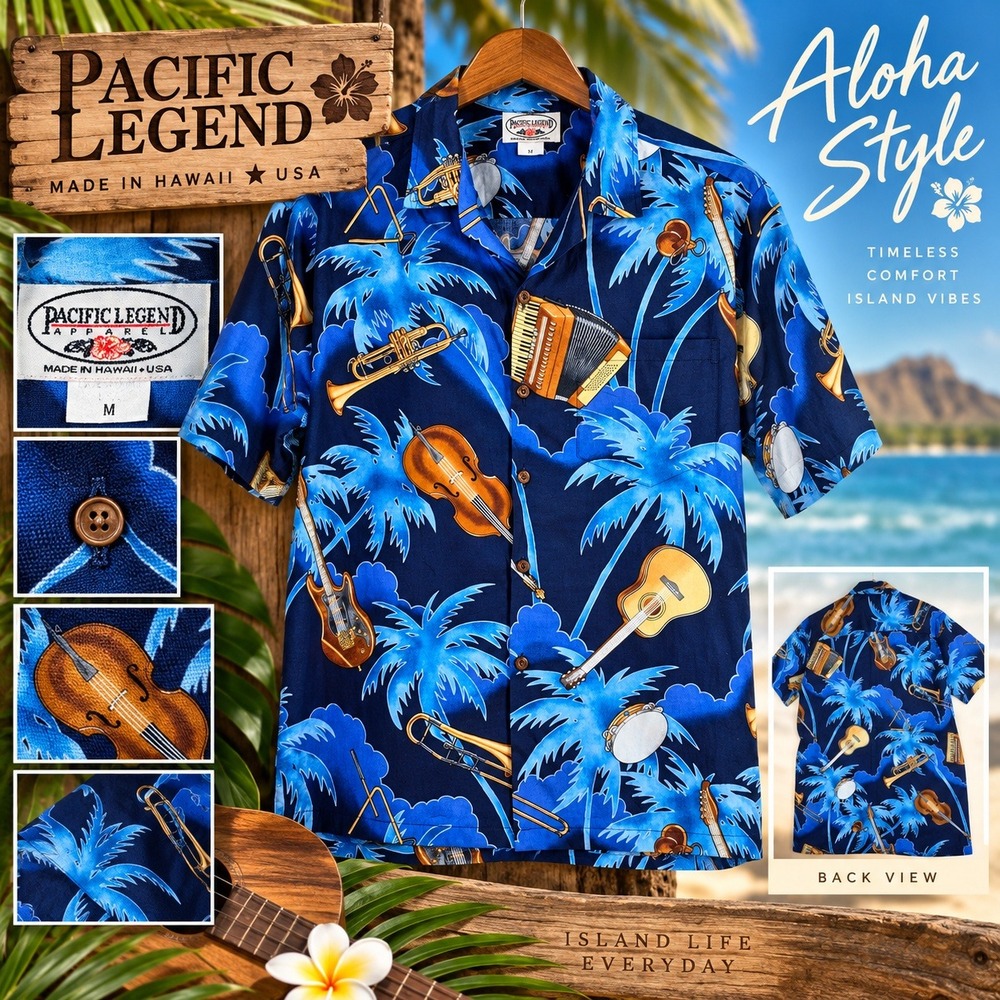Pacific Legend Musical Instrument Palm Tree Mens M Navy Button Shirt USA Hawaii